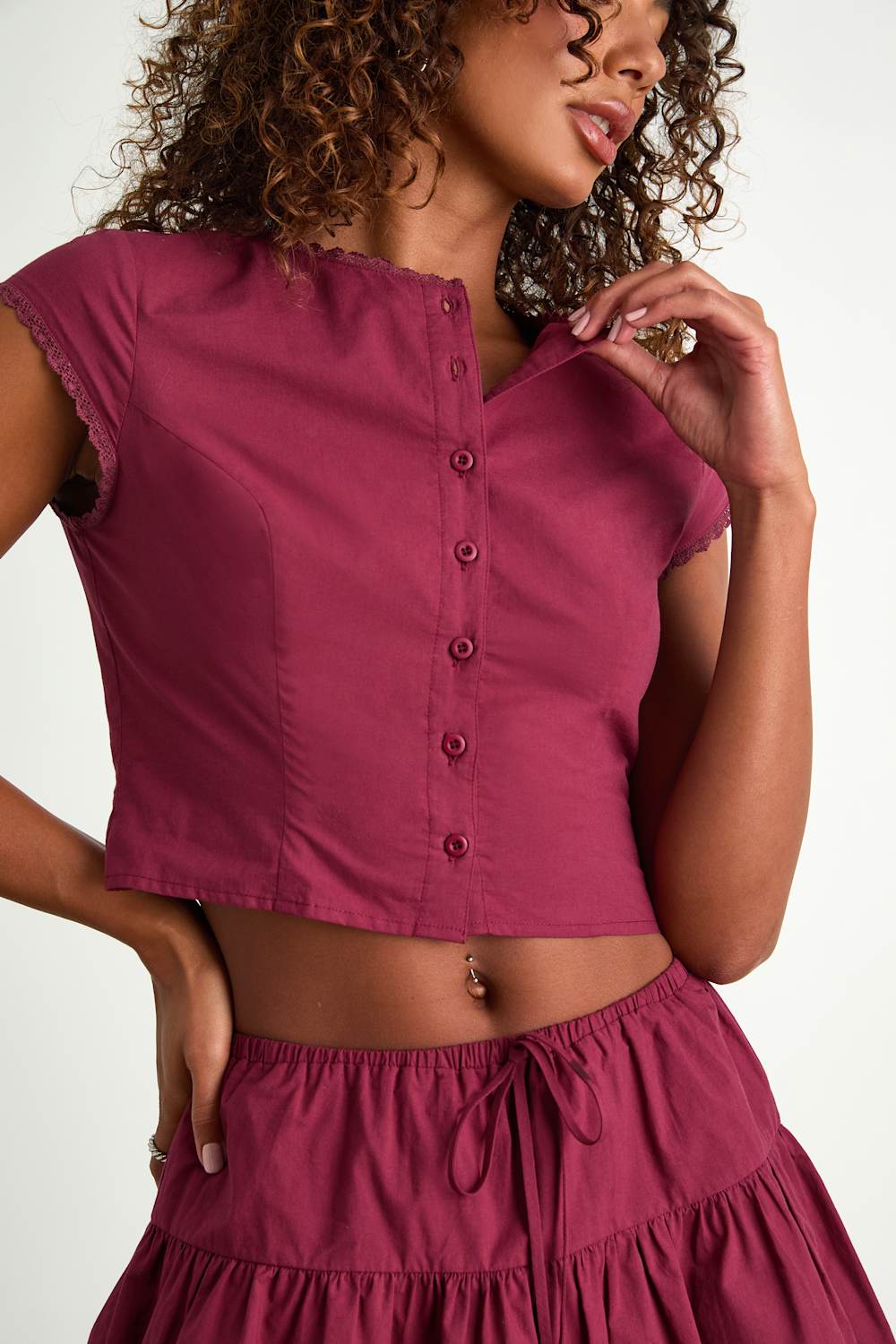 Melicia Burgundy Button-Front Cap Sleeve Crop Top