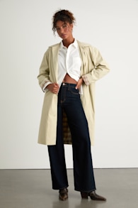 Cazzie Beige Twill Button-Front Collared Trench Coat 1