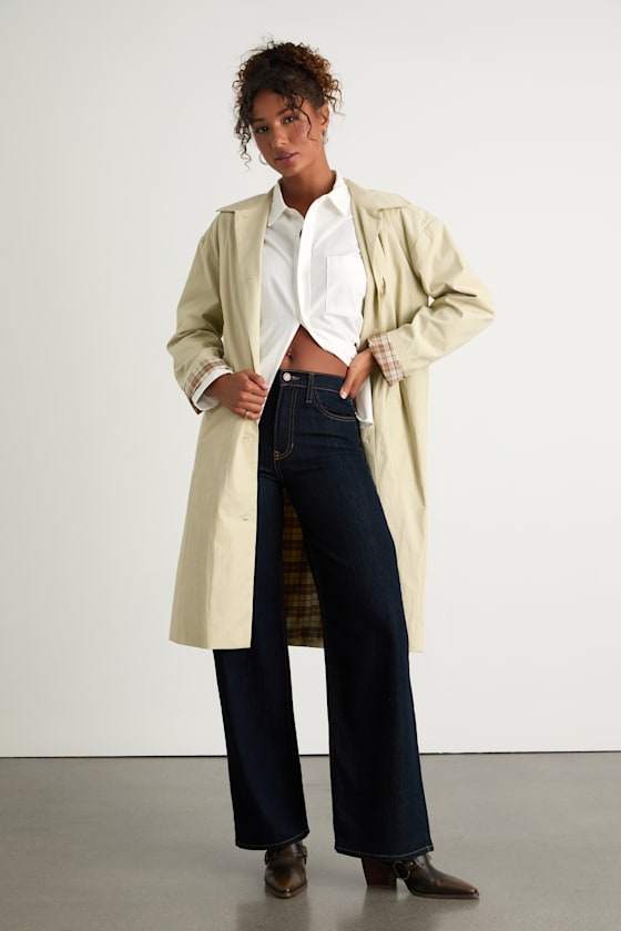 Cazzie Beige Twill Button-Front Collared Trench Coat 1