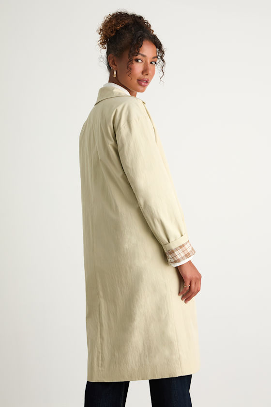 Cazzie Beige Twill Button-Front Collared Trench Coat 4