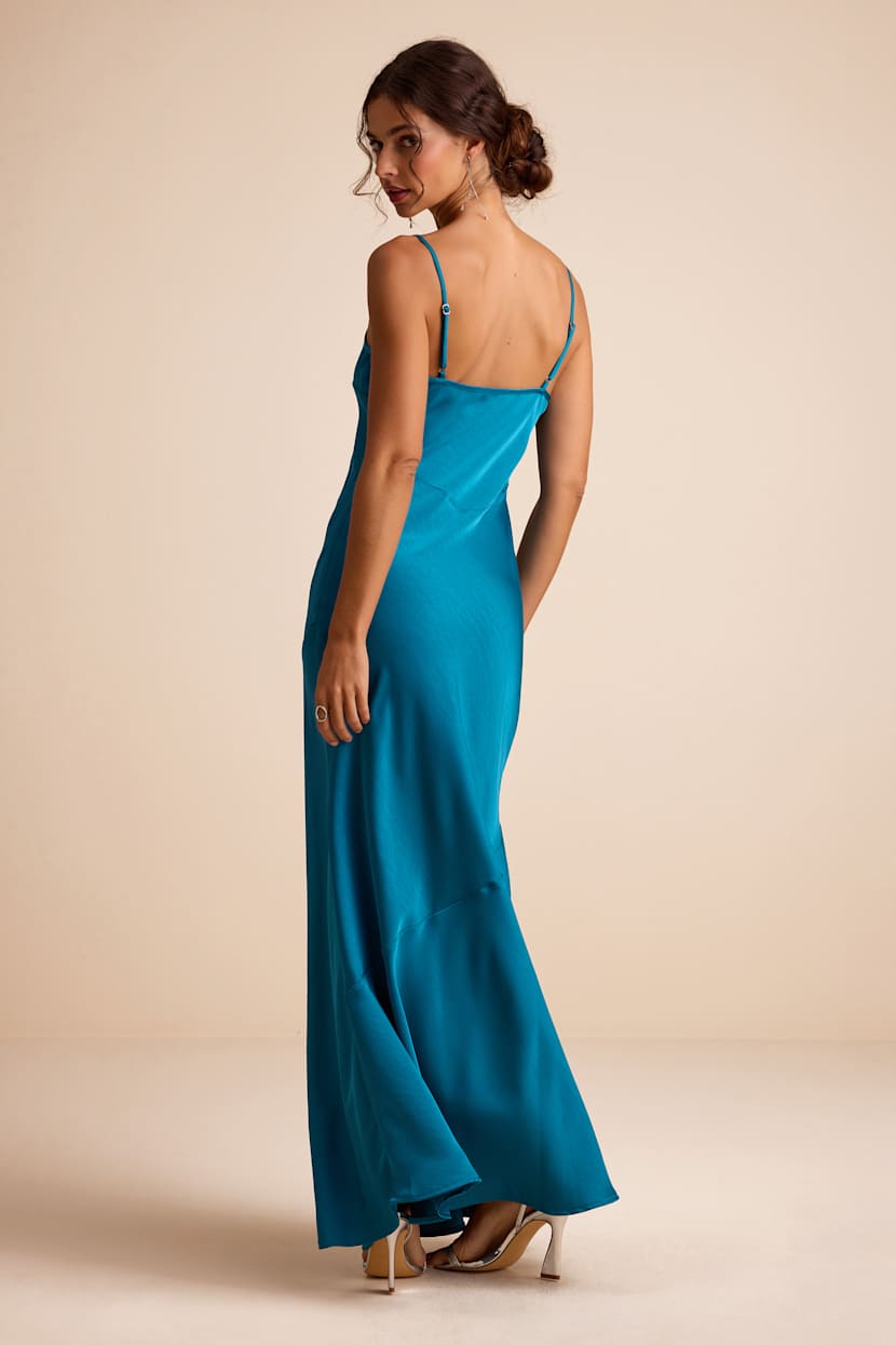 Riyona Aqua Blue Satin Seamed Sleeveless Maxi Dress