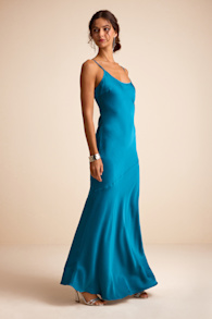 Riyona Aqua Blue Satin Seamed Sleeveless Maxi Dress 4