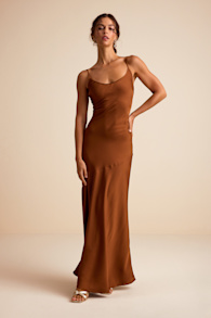 Riyona Rust Brown Satin Seamed Sleeveless Maxi Dress 1