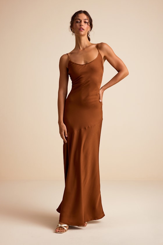 Riyona Rust Brown Satin Seamed Sleeveless Maxi Dress 1