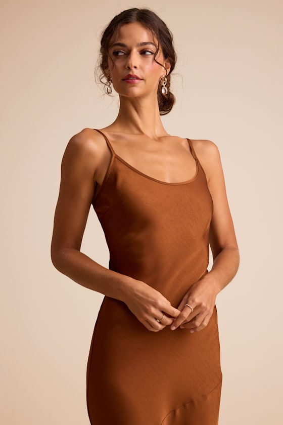 Riyona Rust Brown Satin Seamed Sleeveless Maxi Dress 2