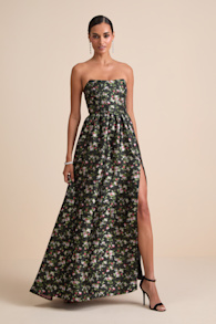 Rainie Black Floral Jacquard Strapless Lace-Up Maxi Dress 1