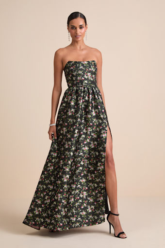 Rainie Black Floral Jacquard Strapless Lace-Up Maxi Dress 1