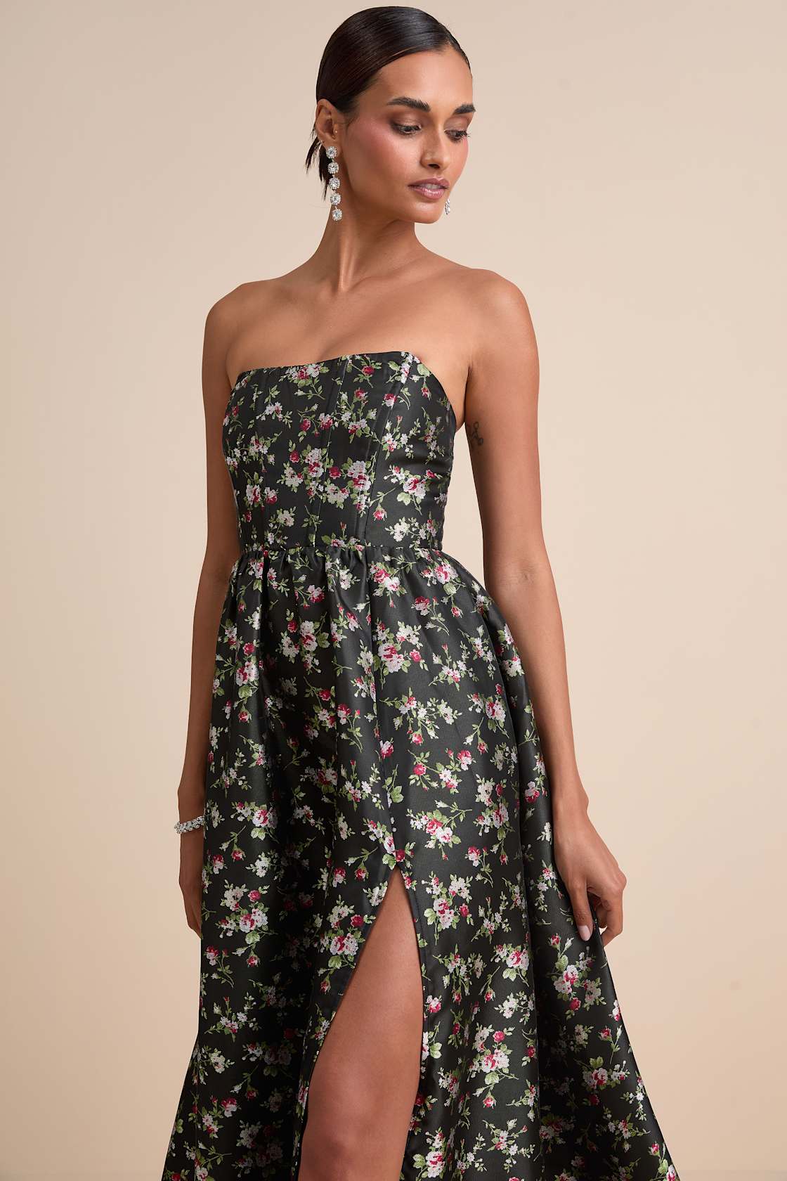 Rainie Black Floral Jacquard Strapless Lace-Up Maxi Dress