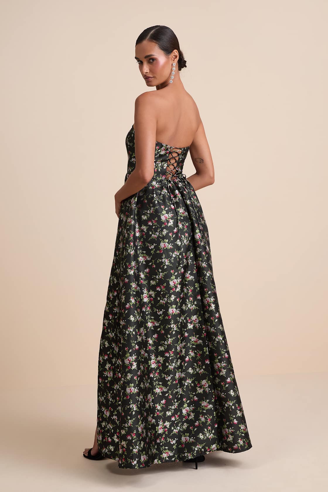 Rainie Black Floral Jacquard Strapless Lace-Up Maxi Dress