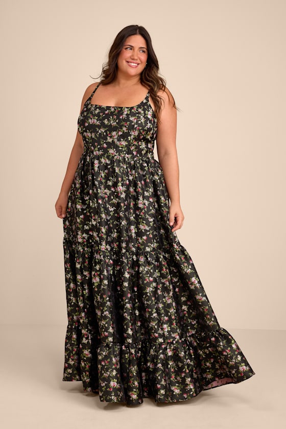 Black Floral Dress - Tiered Maxi Dress - Bustier Lace-Up Dress - Lulus