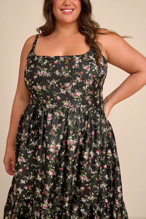Black Floral Dress - Tiered Maxi Dress - Bustier Lace-Up Dress - Lulus