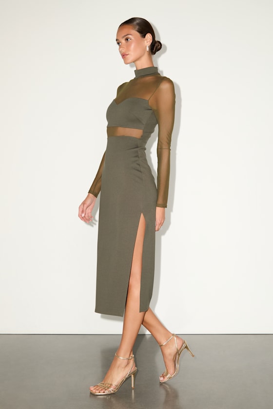 Olive Mesh Dress - Midi Bodycon Dress - Long Sleeve Dress - Image 4