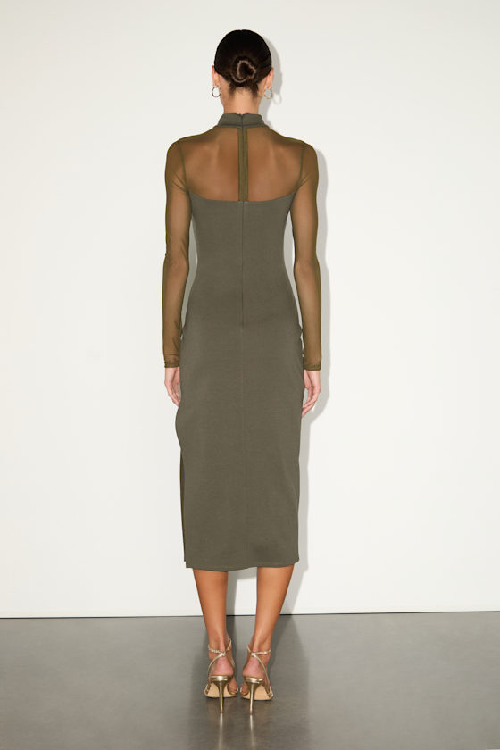 Olive Mesh Dress - Midi Bodycon Dress - Long Sleeve Dress - Image 5