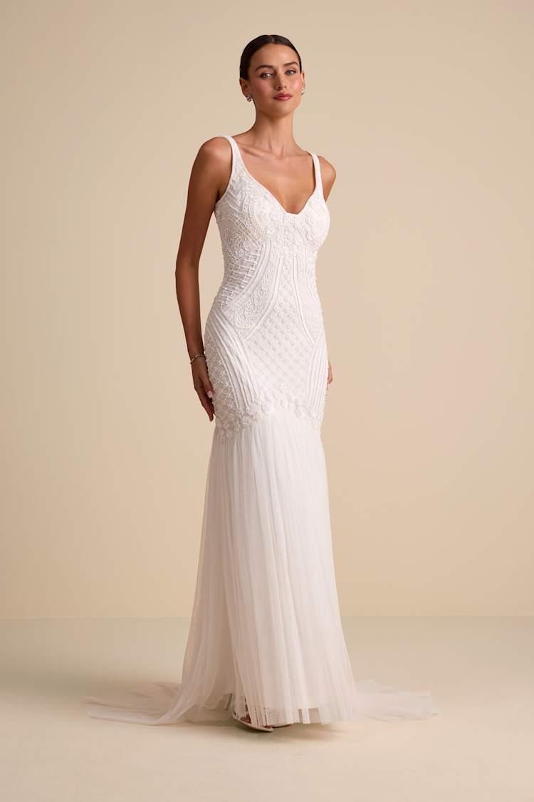 Kentworth Ivory Sequin Beaded Scoop Back Maxi Dress