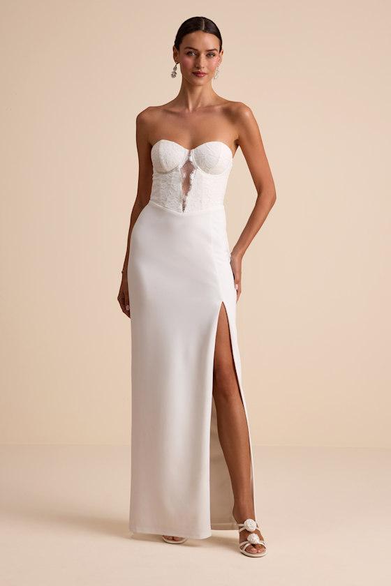 Pruitt White Lace Cutout Strapless Bustier Maxi Dress 1