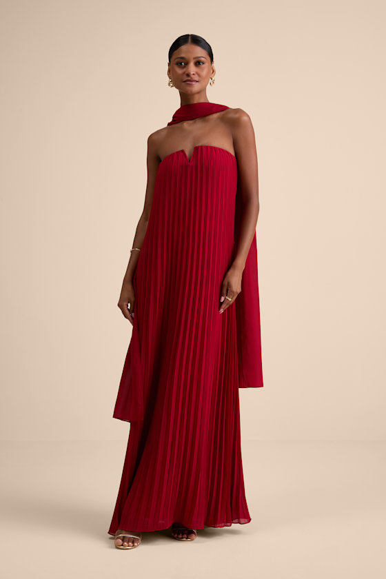 Image of Lael Dark Red Pleated Strapless Dress and Scarf Set