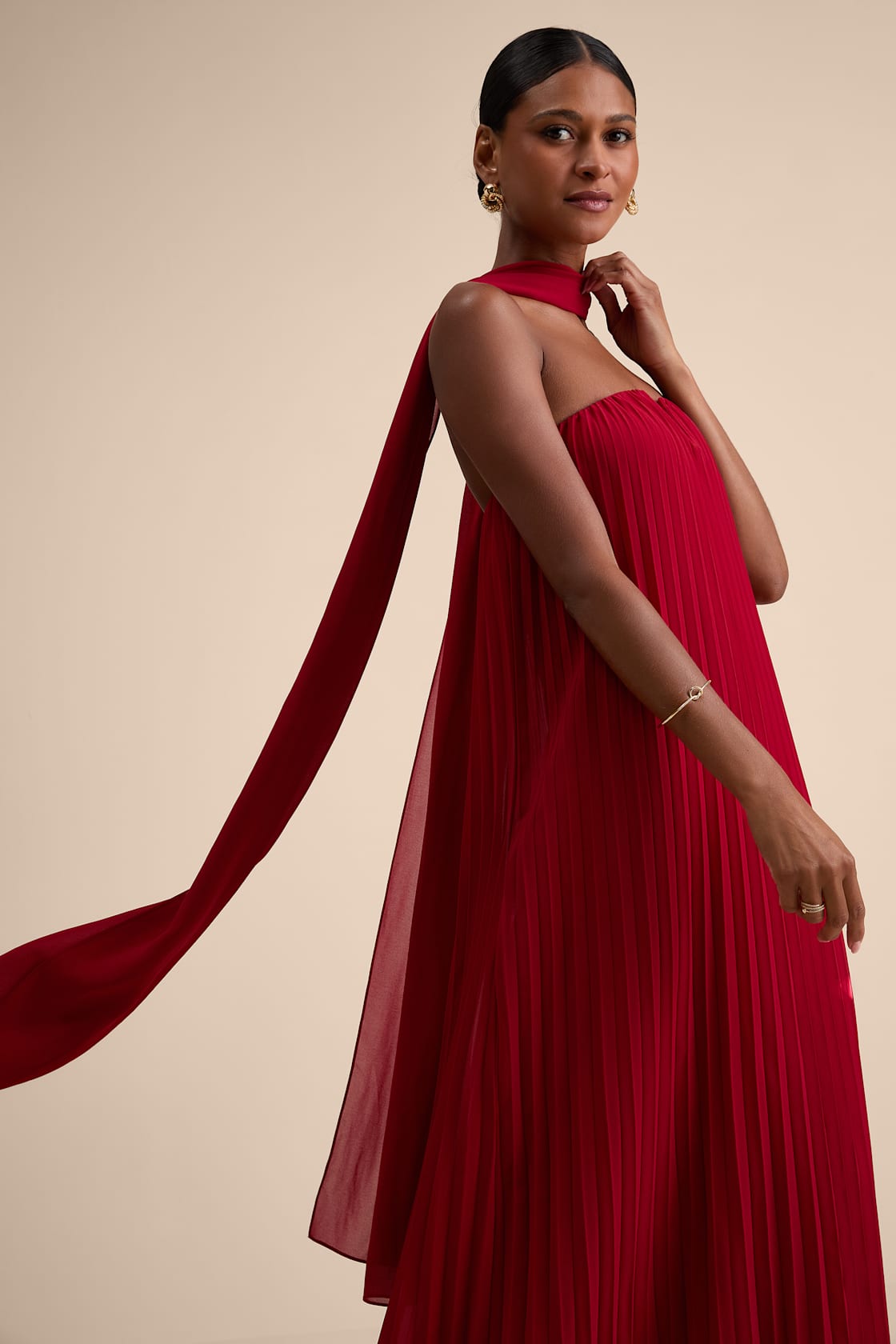 Lael Dark Red Pleated Strapless Dress and Scarf Set