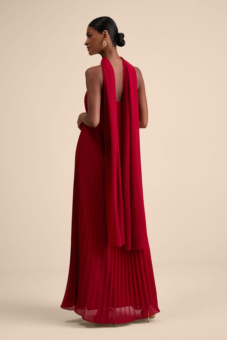 Lael Dark Red Pleated Strapless Dress and Scarf Set