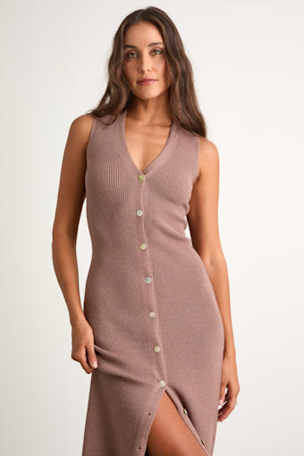 Emelyne Light Brown Ribbed Button-Front Sweater Midi Dress 1