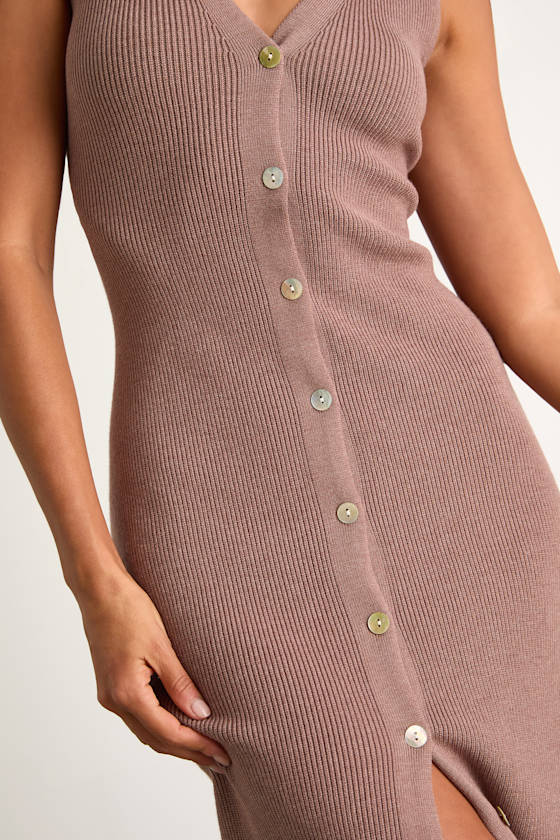 Emelyne Light Brown Ribbed Button-Front Sweater Midi Dress - thumbnail 3