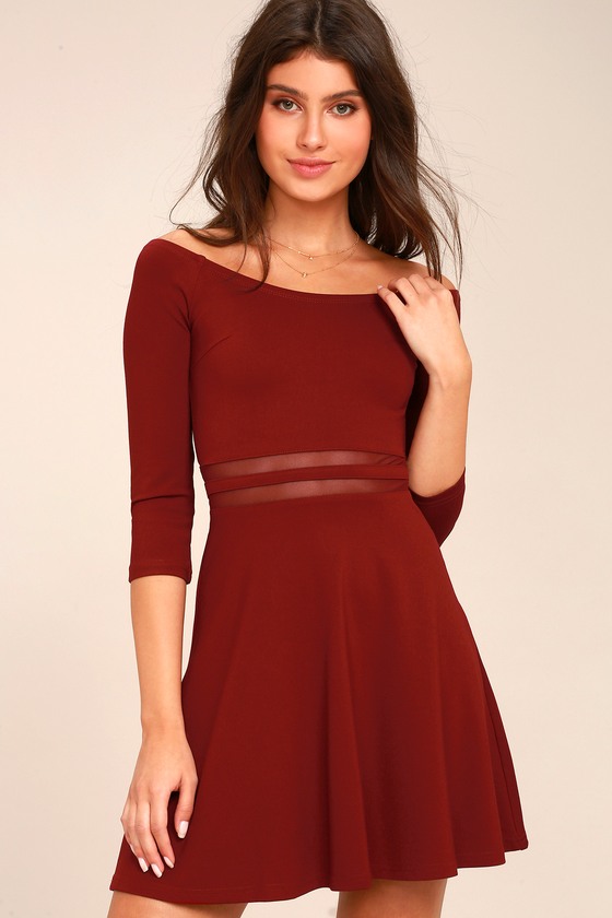 Wine Red Skater Dress - Mesh Dress - Off-the-Shoulder Dress - Lulus