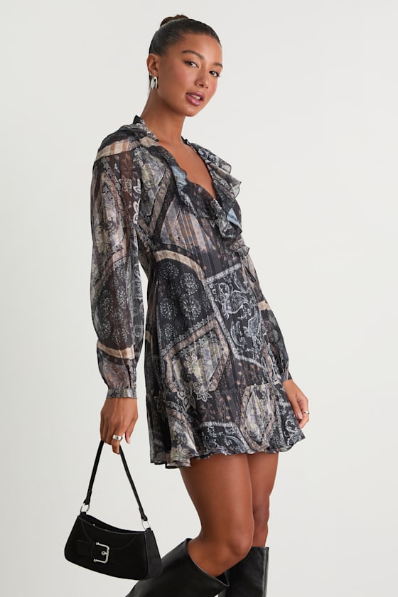 Dark Navy Boho Dress - Wrap Mini Dress - Long Sleeve Dress - Lulus