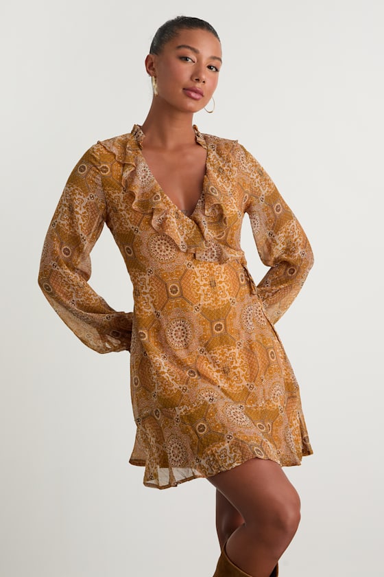 Lulus Claire Mustard Yellow Boho Print Wrap Mini Dress In Multi