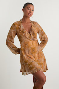 Claire Mustard Yellow Boho Print Wrap Mini Dress 1