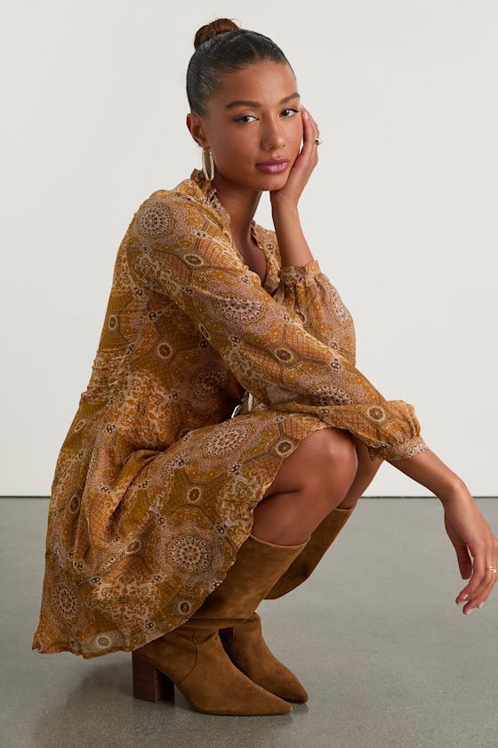 Lulus Claire Mustard Yellow Boho Print Wrap Mini Dress In Multi