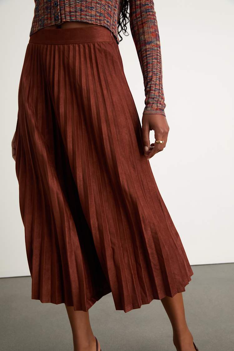 Raylie Rust Brown Suede Pleated Midi Skirt