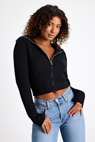 Cozy Inclination Black Cropped Zip-Front Collared Sweater 1