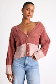 Convincingly Cozy Rusty Rose and Pink Cable Knit Boucle Cardigan 1