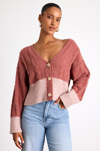 Convincingly Cozy Rusty Rose and Pink Cable Knit Boucle Cardigan 1