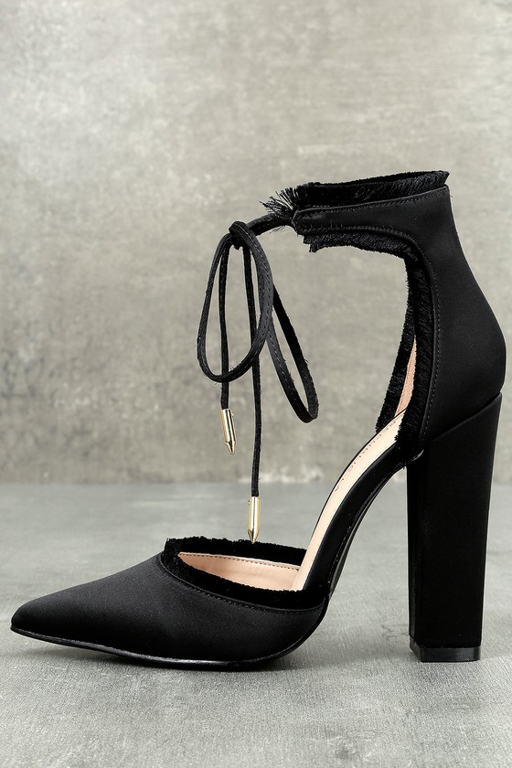 Chic Satin Heels - Black Heels - Lace-Up Heels