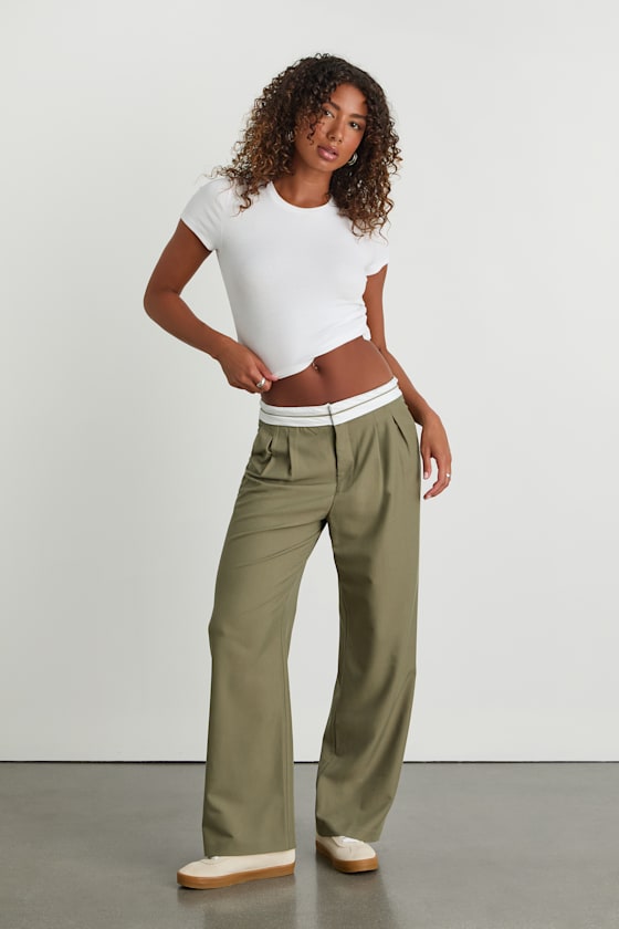 Refined Mood Olive and White Straight Leg Trouser Pants 1