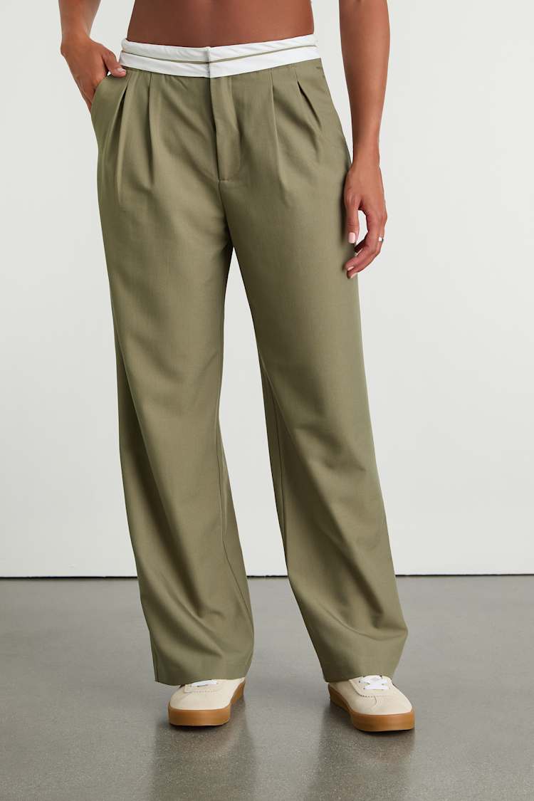 Refined Mood Olive and White Straight Leg Trouser Pants