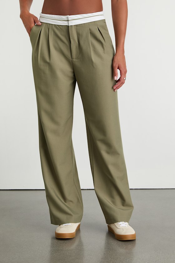 Refined Mood Olive and White Straight Leg Trouser Pants 2