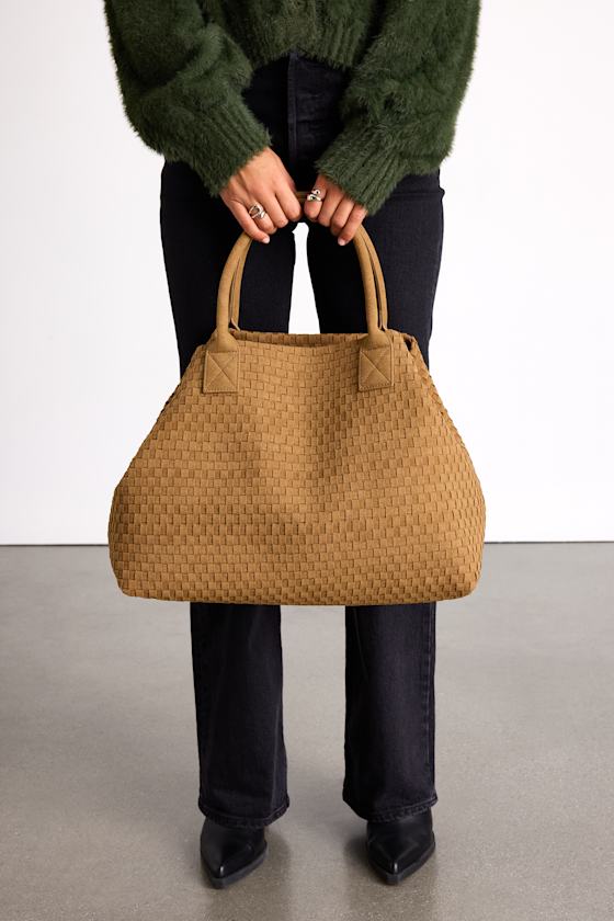 Big Time Moves Tan Suede Woven Oversized Tote Bag 1