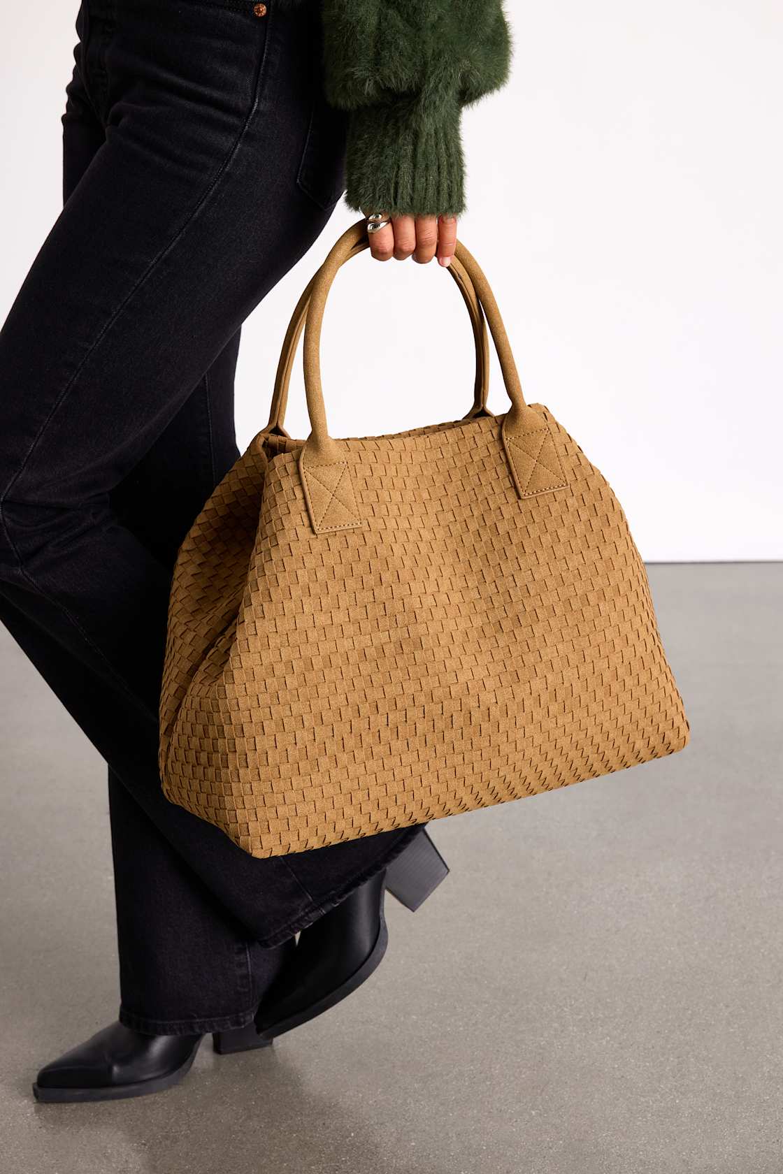 Big Time Moves Tan Suede Woven Oversized Tote Bag