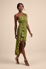 Vasia Olive Green Jacquard One-Shoulder Midi Dress 1