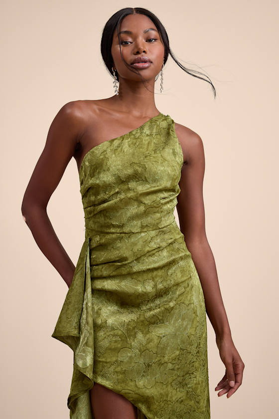 Vasia Olive Green Jacquard One-Shoulder Midi Dress 2