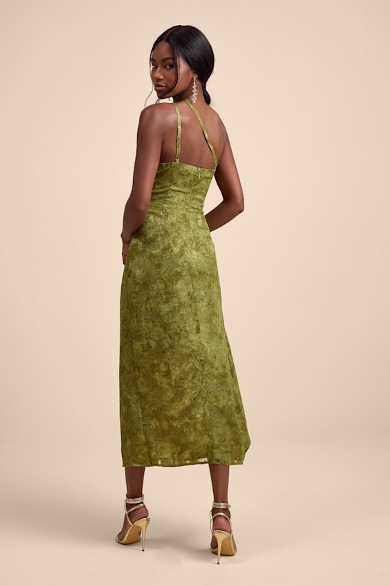 Olive Green Jacquard Dress - One-Shoulder Midi Dress - Midi Dress