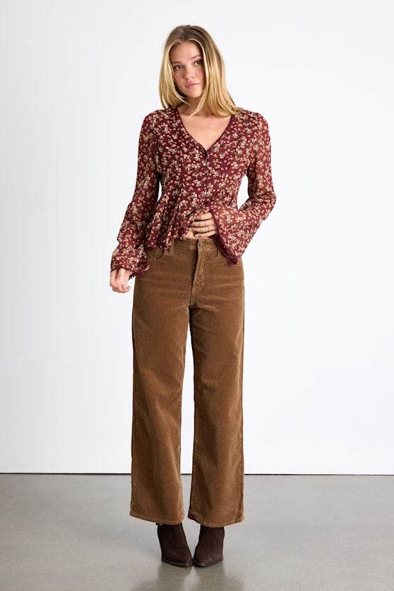 Albie Light Brown Corduroy Mid-Rise Wide-Leg Pants 1