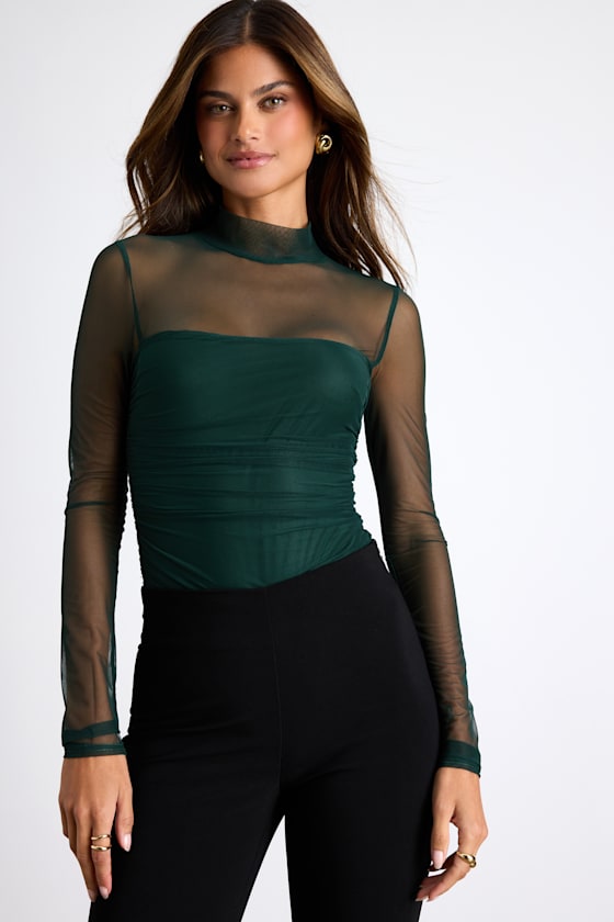 Lulus Clearly Alluring Emerald Mesh Long Sleeve Mock Neck Bodysuit