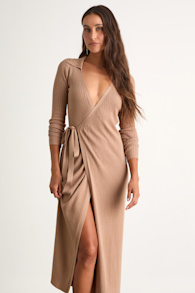 Neyla Beige Ribbed Sweater Wrap Midi Dress 1