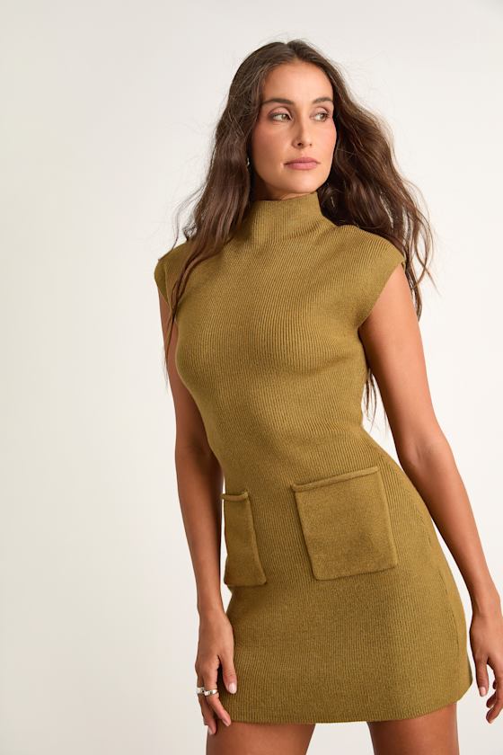 Lulus Joana Olive Green Ribbed Mock Neck Sweater Mini Dress In Brown