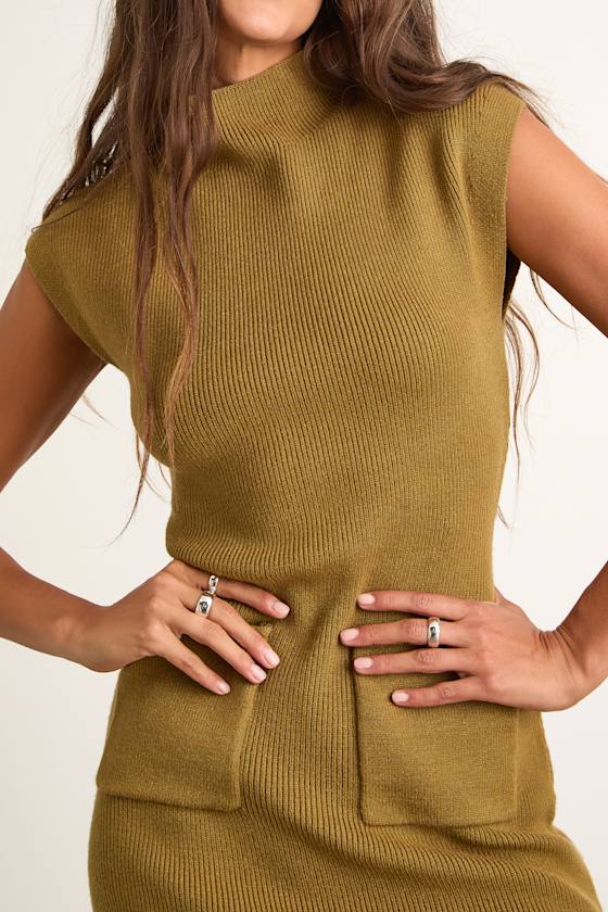 Lulus Joana Olive Green Ribbed Mock Neck Sweater Mini Dress In Brown