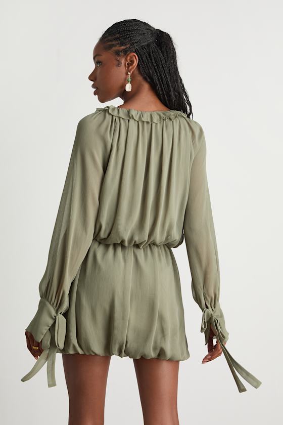 Kezzy Light Olive Ruffled Long Sleeve Bubble-Hem Mini Dress 2