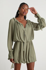 Kezzy Light Olive Ruffled Long Sleeve Bubble-Hem Mini Dress 4