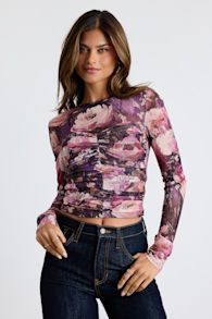 Instant Trend Purple Floral Mesh Ruched Long Sleeve Top 1